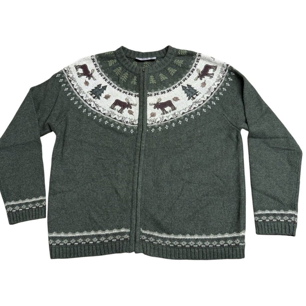 CROFT & BARROW SWEATER FULL ZIP EMBROIDERED MOOSE EVERGREEN KNIT WINTER SZ S NEW